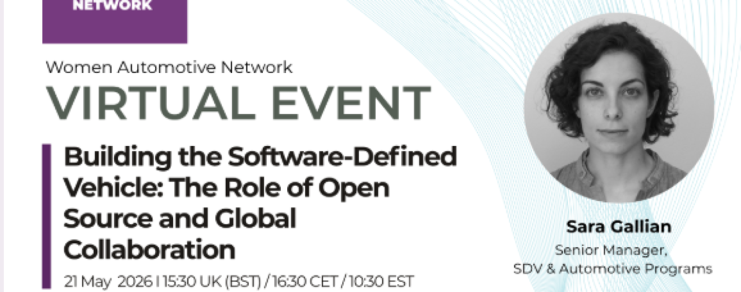 Promotional banner for a Women Automotive Network virtual event titled “Building the Software-Defined Vehicle: The Role of Open Source and Global Collaboration.” The event is scheduled for 21 May 2026 at 15:30 UK (BST) / 16:30 CET / 10:30 EST. The design features a purple “Women Automotive Network” logo on the left and a grayscale portrait of speaker Sara Gallian on the right, identified as Senior Manager, SDV & Automotive Programs at Eclipse Foundation Europe GmbH.